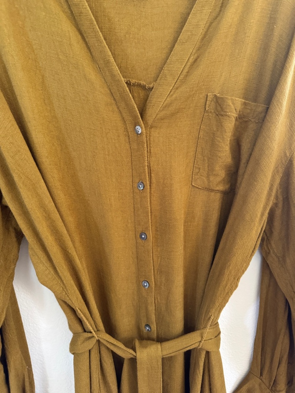 Lush Long Sleeve Button-Front Shirt Dress With Tie in Mustard Brown - Picture 3 of 6